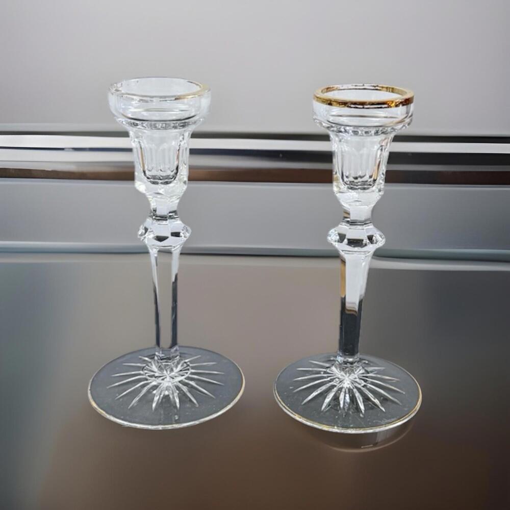 Vintage Crystal Miller Rogaska Candlesticks Holders 8"Gold Trim Signed Set of 2